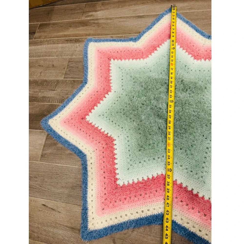 Handmade Vintage Crochet Star Blanket Afghan Throw Fuzzy Pink Blue White Green